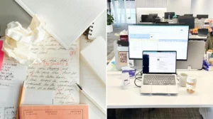 workspace desk with laptop and notes showing ecommerce work and content planning process