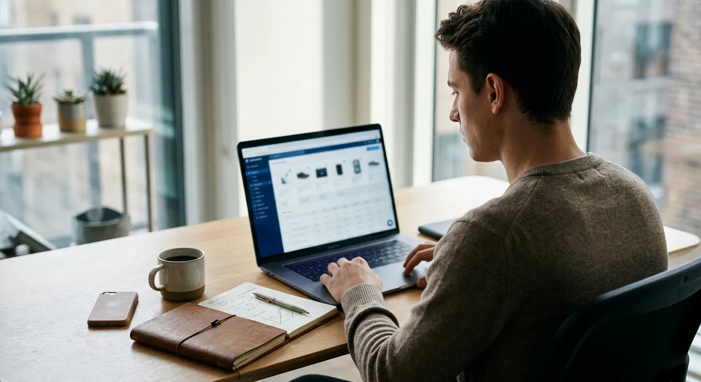 person researching dropshipping suppliers on a laptop for ecommerce business