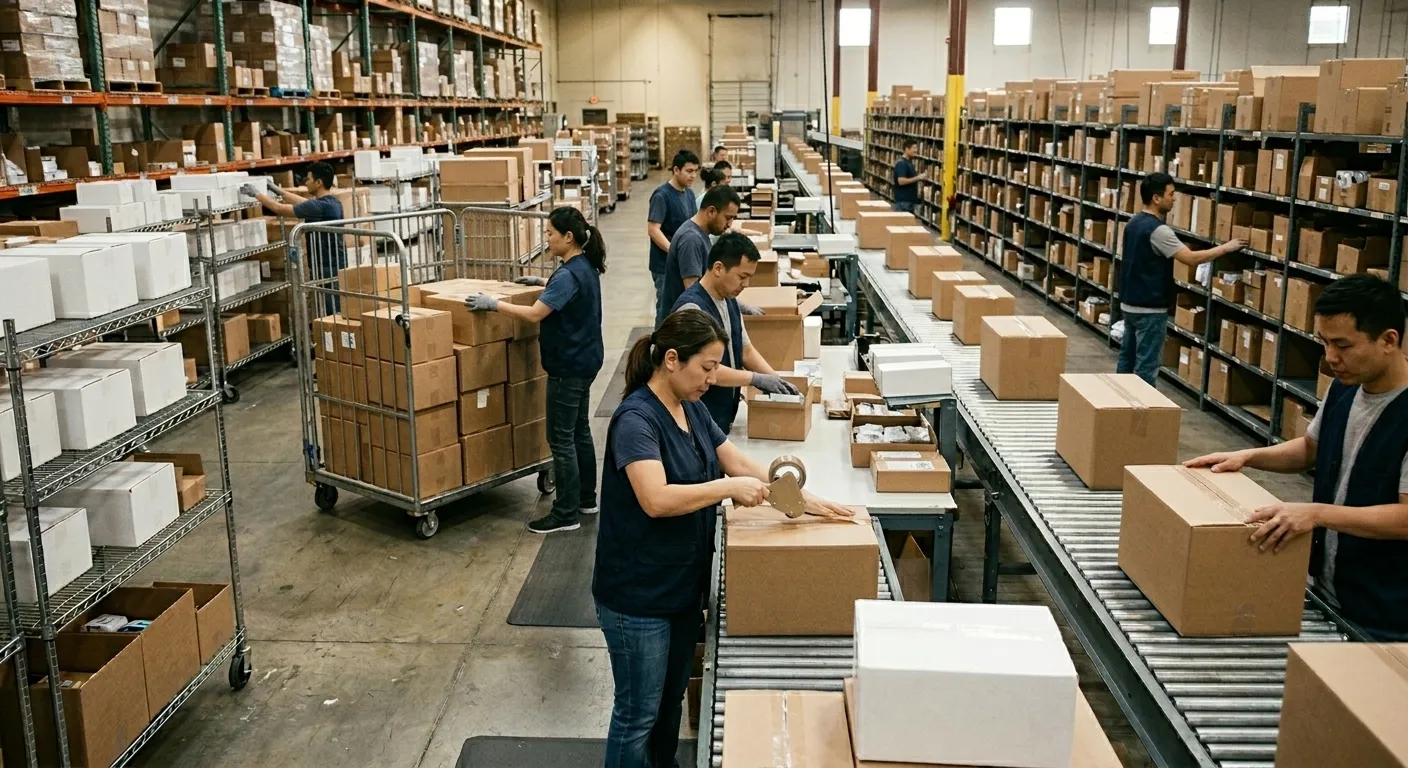ecommerce warehouse team packing orders and handling fulfillment for dropshipping business