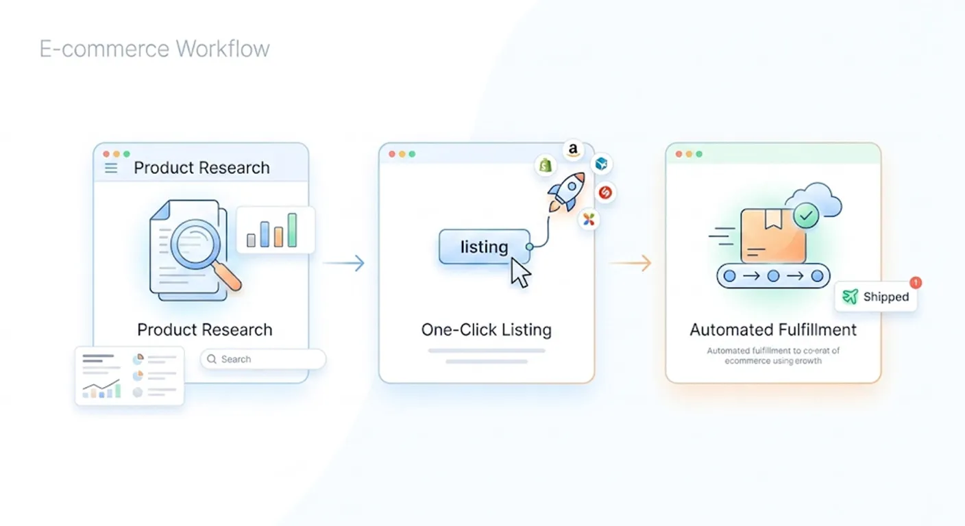 A flowchart from product research to one-click listing to automatic delivery