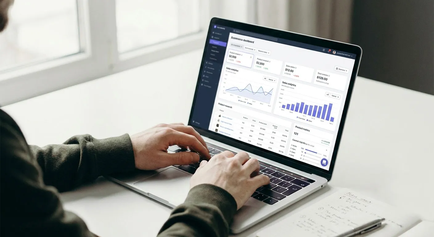 person using laptop for dropshipping product research