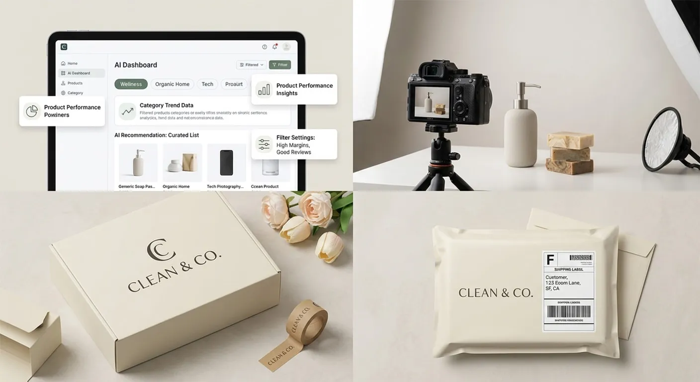 AI powered product selection, real product photography, fast shipping, and brand customization services