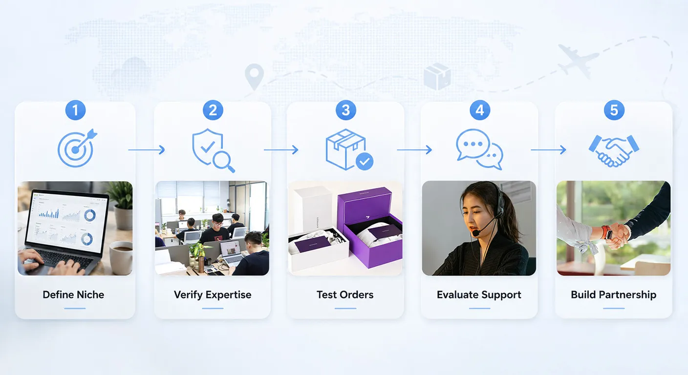 Define Niche → Verify Expertise → Test Orders → Evaluate Support → Build Partnership