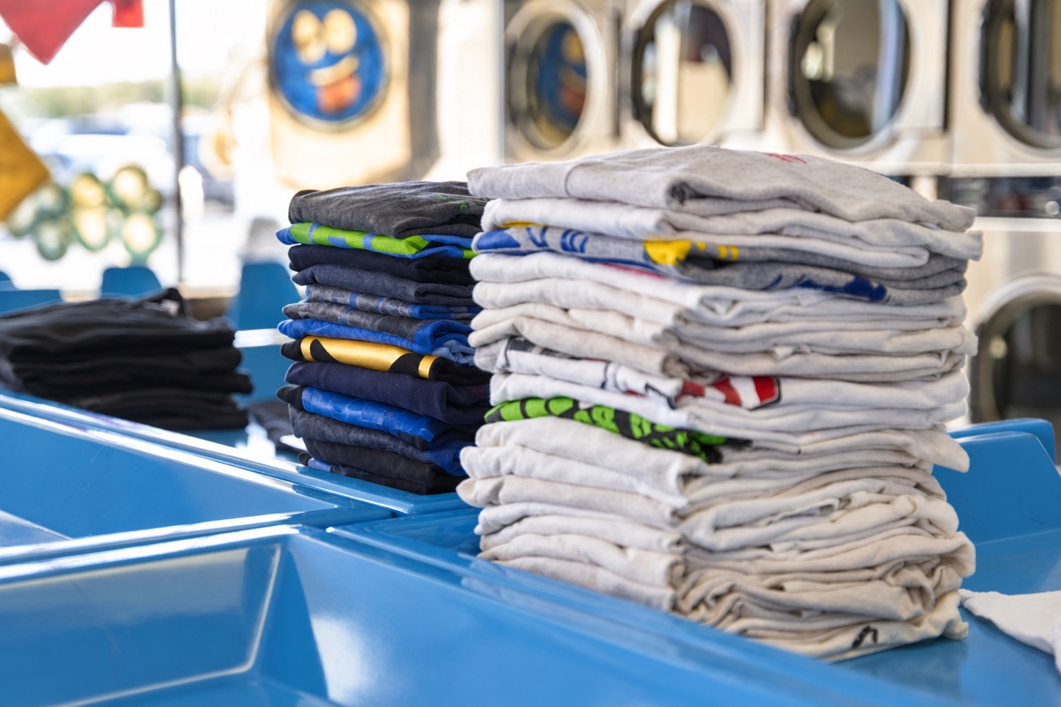 Stacks of folded shirts on blue sorting carts in a laundrette