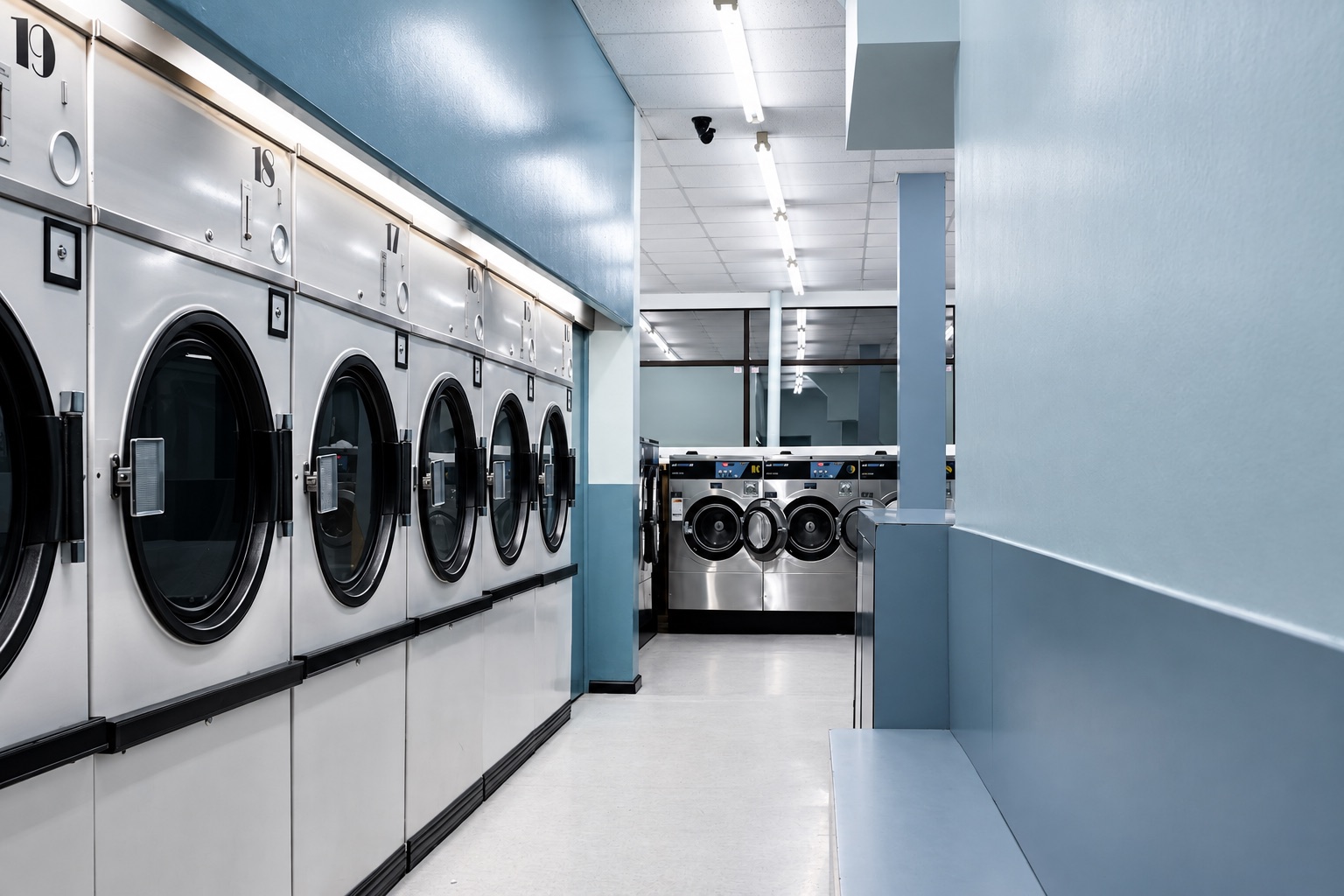 Rows of front-loading laundry machines in a blue-gray laundrette