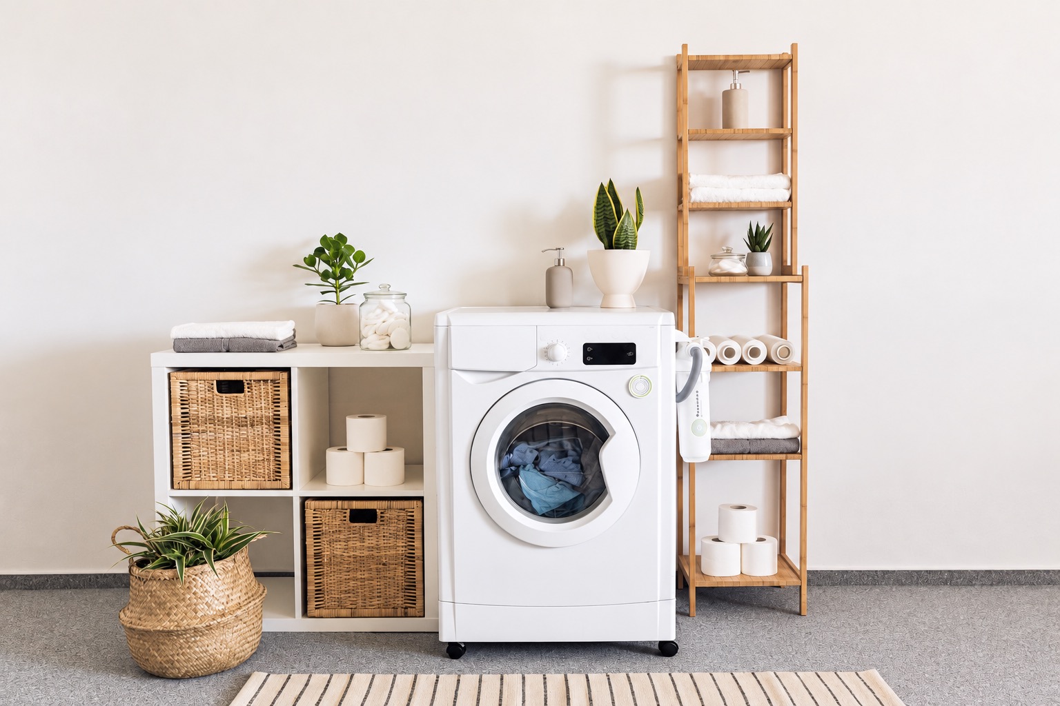 Front-loading washing machine illustrating the equipment whose settings and loading conditions belong in the care record