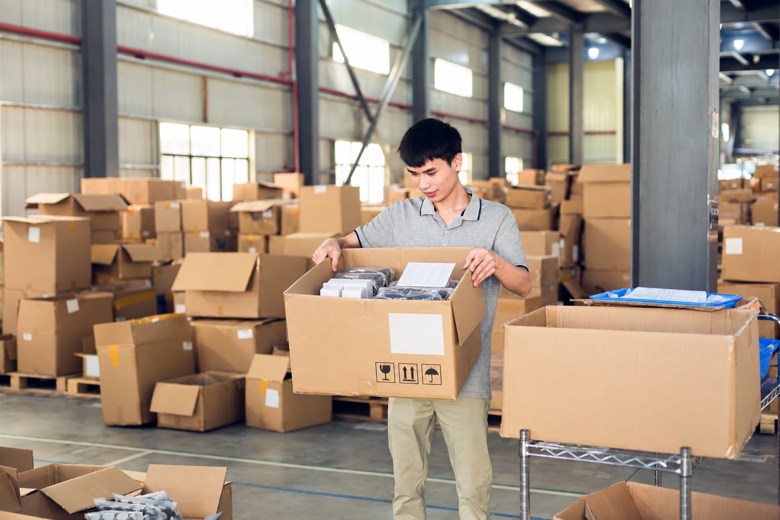 Open export carton with packing list and handling marks checked before dispatch
