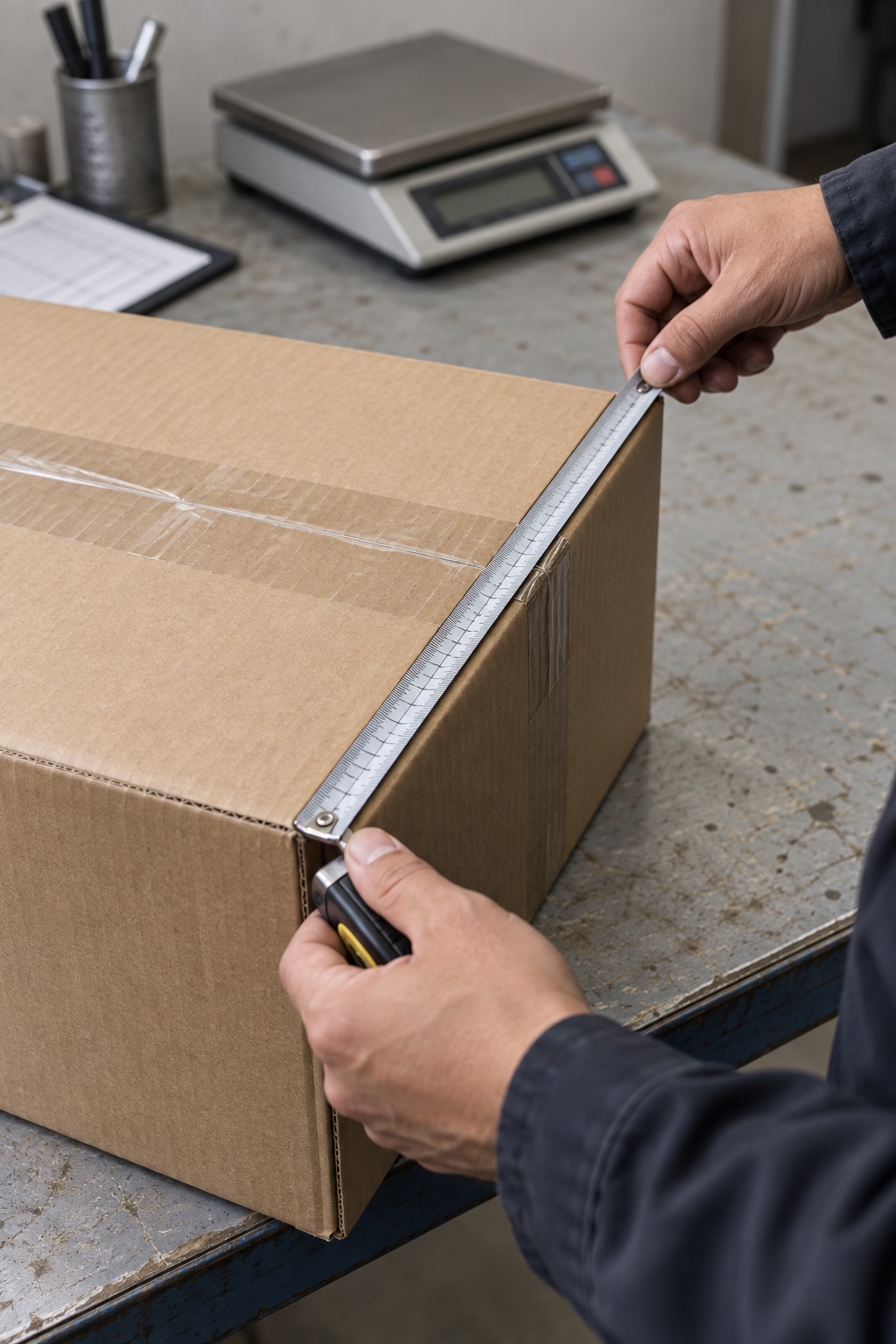 Inspector measuring a sealed export carton during a pre-shipment inspection