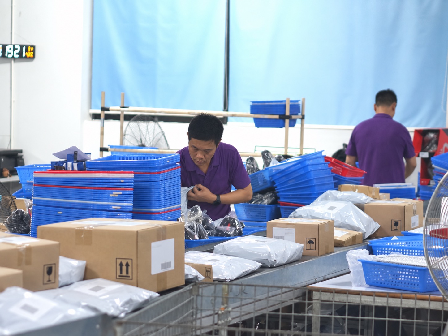 Cartons and parcels with distinct labels checked during fulfillment sorting