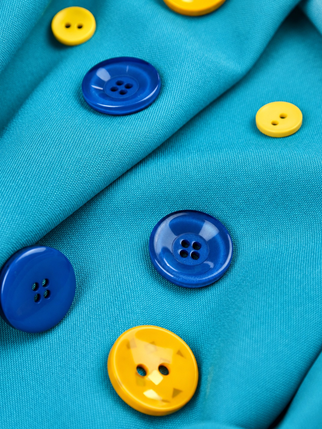 Loose blue four-hole and yellow two-hole buttons resting on turquoise fabric