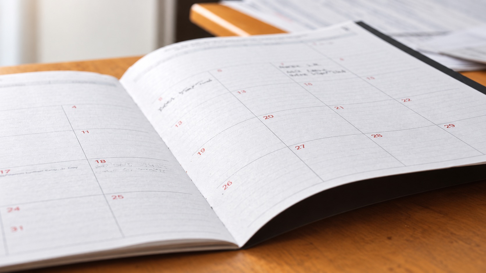 Open monthly planner illustrating how delivery estimates must account for working days and weekends