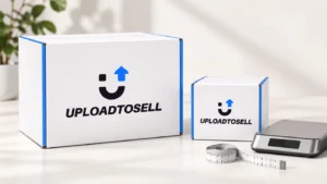 Large and compact UploadToSell boxes beside a parcel scale and measuring tape, illustrating dimensional weight.