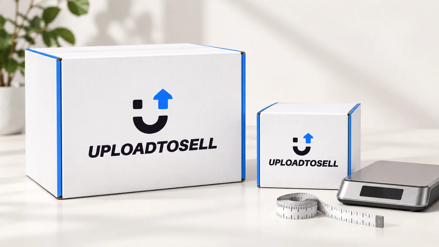 Large and compact UploadToSell boxes beside a parcel scale and measuring tape, illustrating dimensional weight.