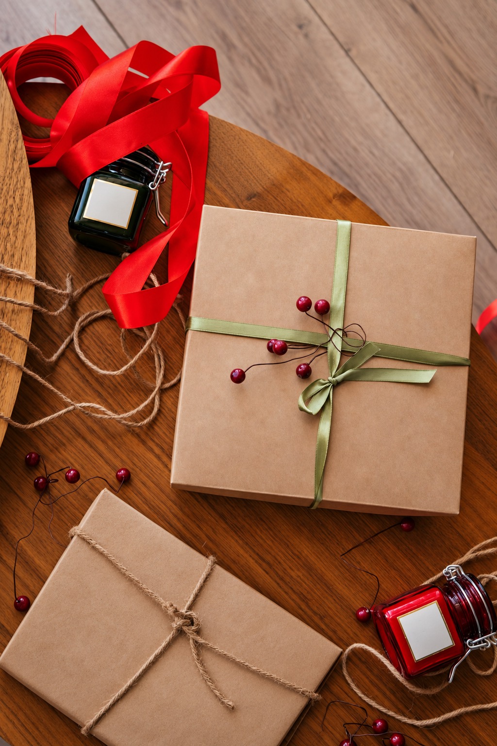 Closed kraft gift box with green ribbon illustrating a presentation that must be assembled before delivery
