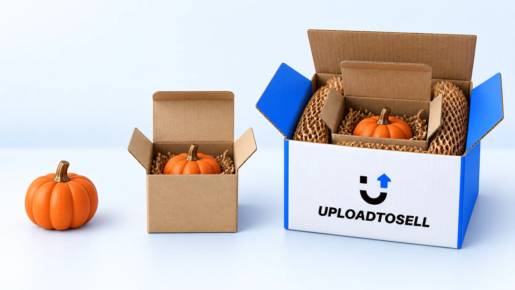 Illustration comparing a pumpkin ornament, its retail carton and an UploadToSell outer shipping package