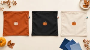 Illustration of orange, black and cream pumpkin cushion covers with distinct reference tags.