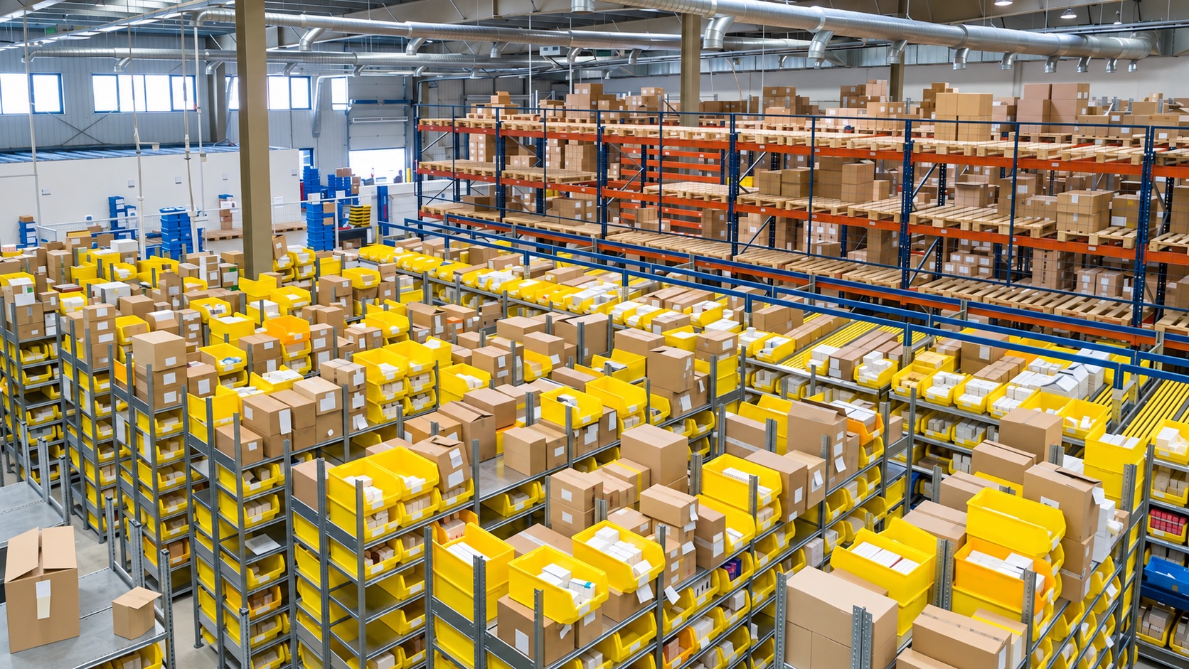 Yellow picking bins and warehouse storage rows illustrating locations checked during inventory reconciliation