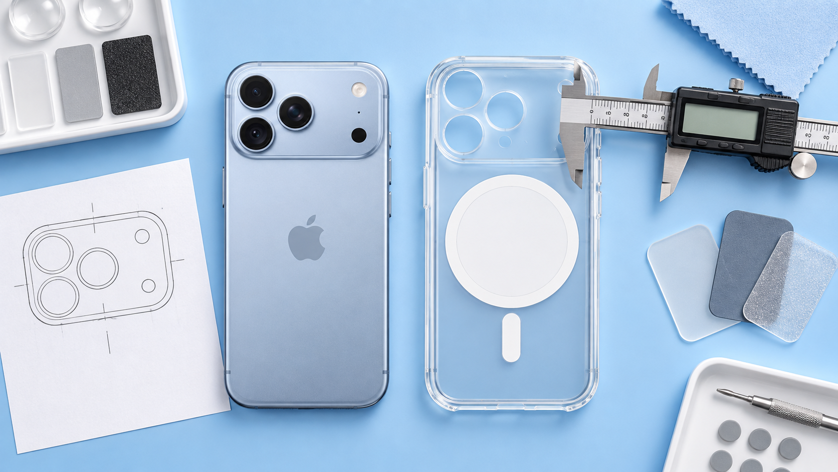Digital caliper checking dimensions for a clear iPhone accessory sample