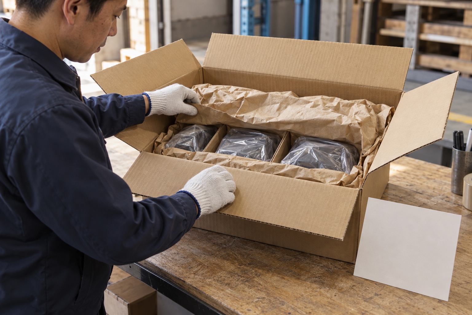 Open export carton and packing layers checked during a pre-shipment inspection