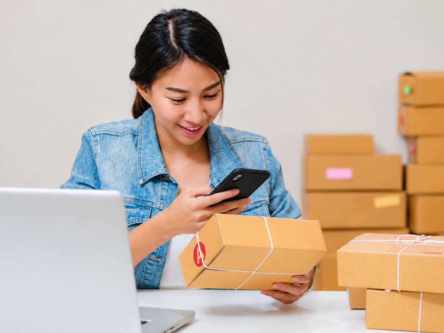 Woman holding a phone and tied carton beside laptop