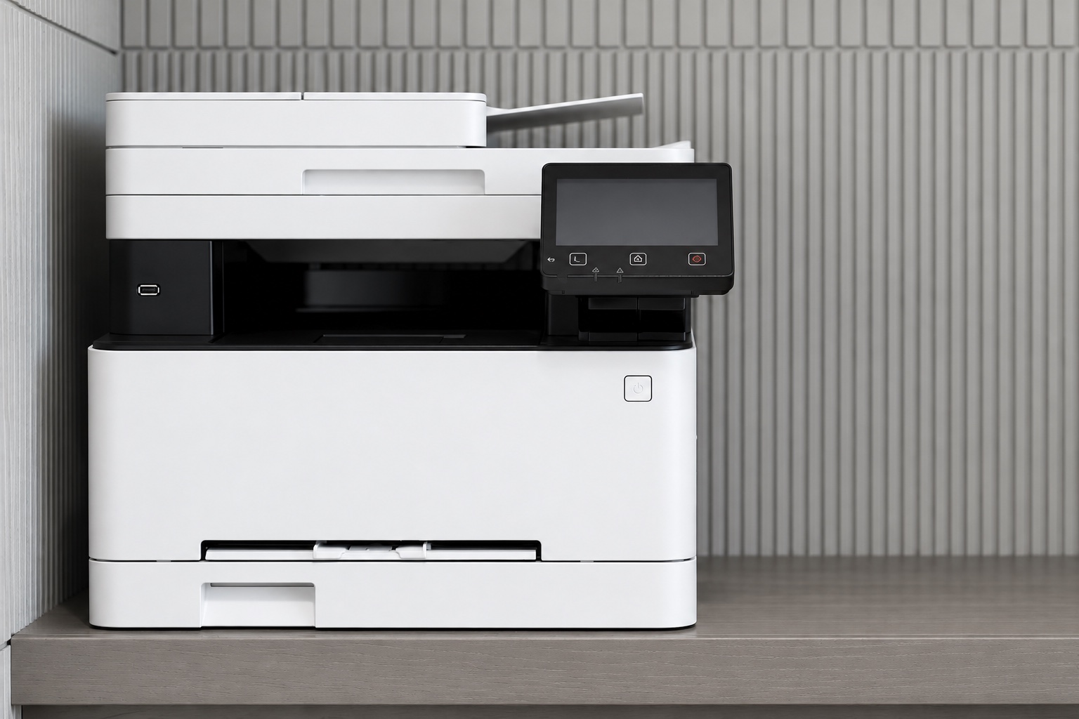 Office printer on a shelf, illustrating paper packing slip preparation