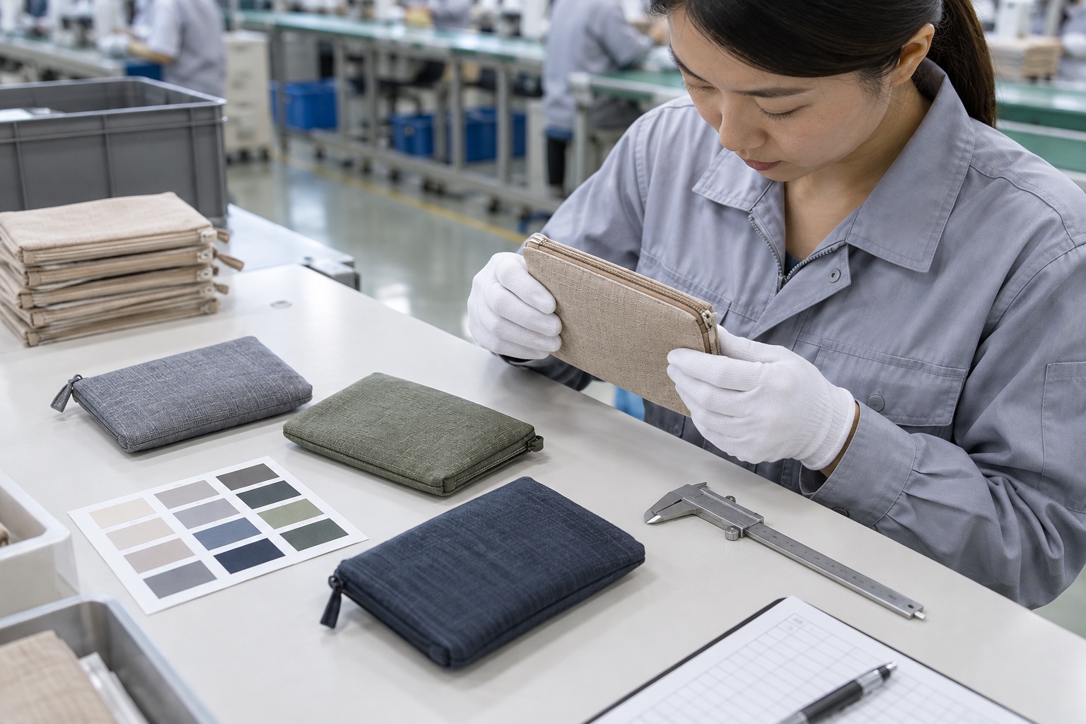 Inspector comparing finished products against a pre-shipment inspection reference