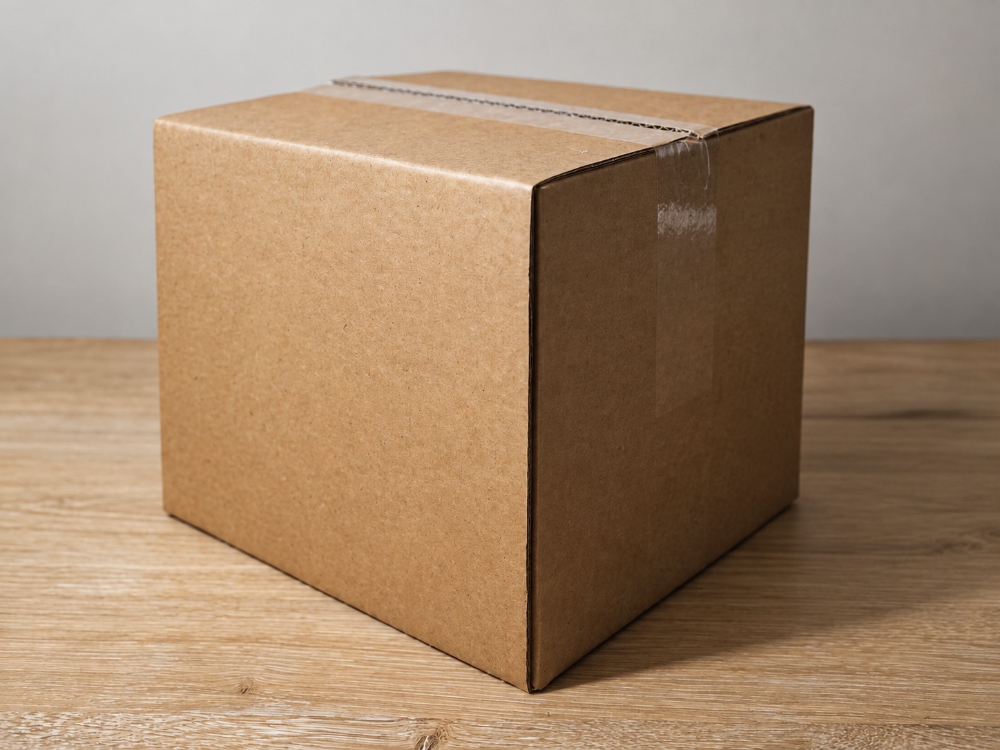 Single closed brown cardboard carton on a wooden desk
