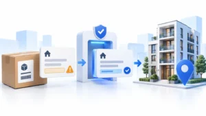 Shipping address validation illustration with parcel address cards moving from a missing-detail warning to a confirmed apartment location.