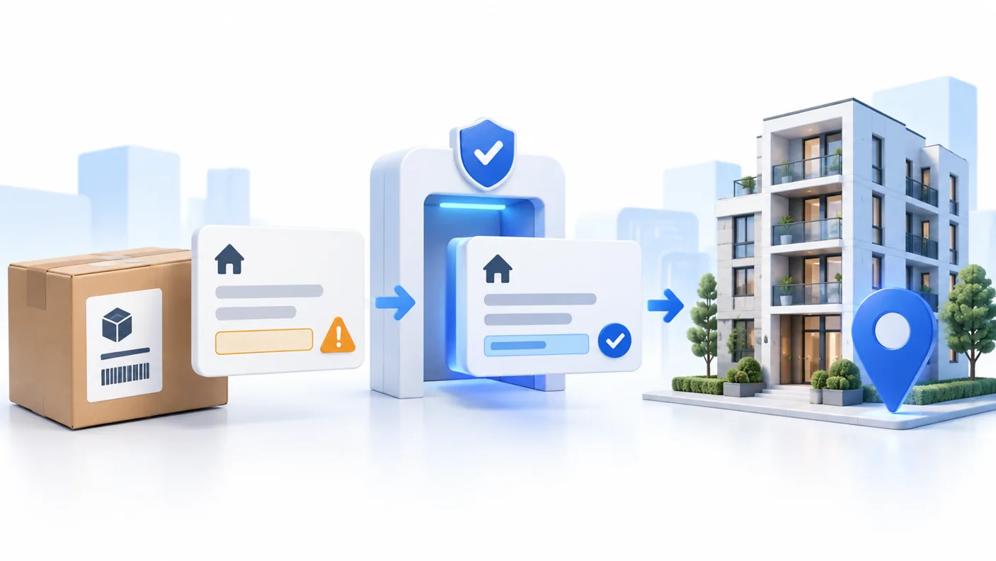 Shipping address validation illustration with parcel address cards moving from a missing-detail warning to a confirmed apartment location.