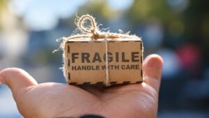 Small parcel marked Fragile on an open palm, illustrating shipping damage precautions