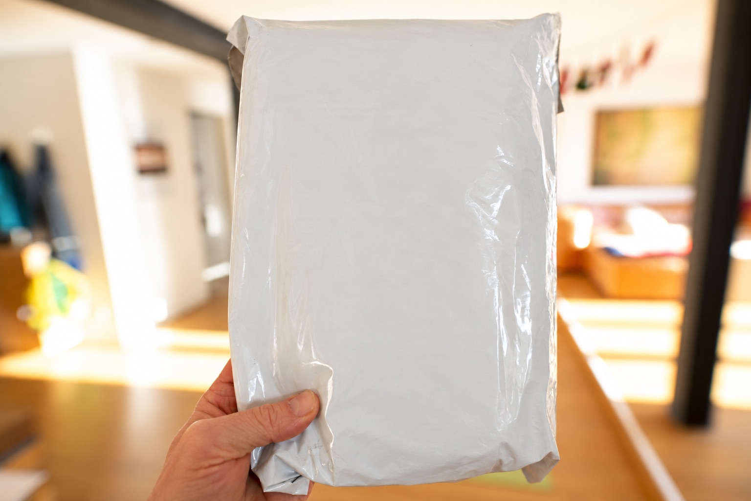 Hand holding a plain sealed mailing parcel in its original grip