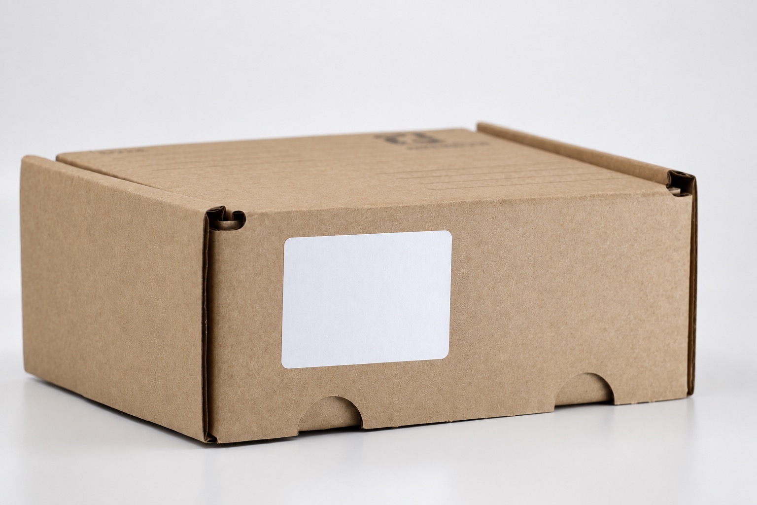 Closed kraft mailer with a blank label on a white surface