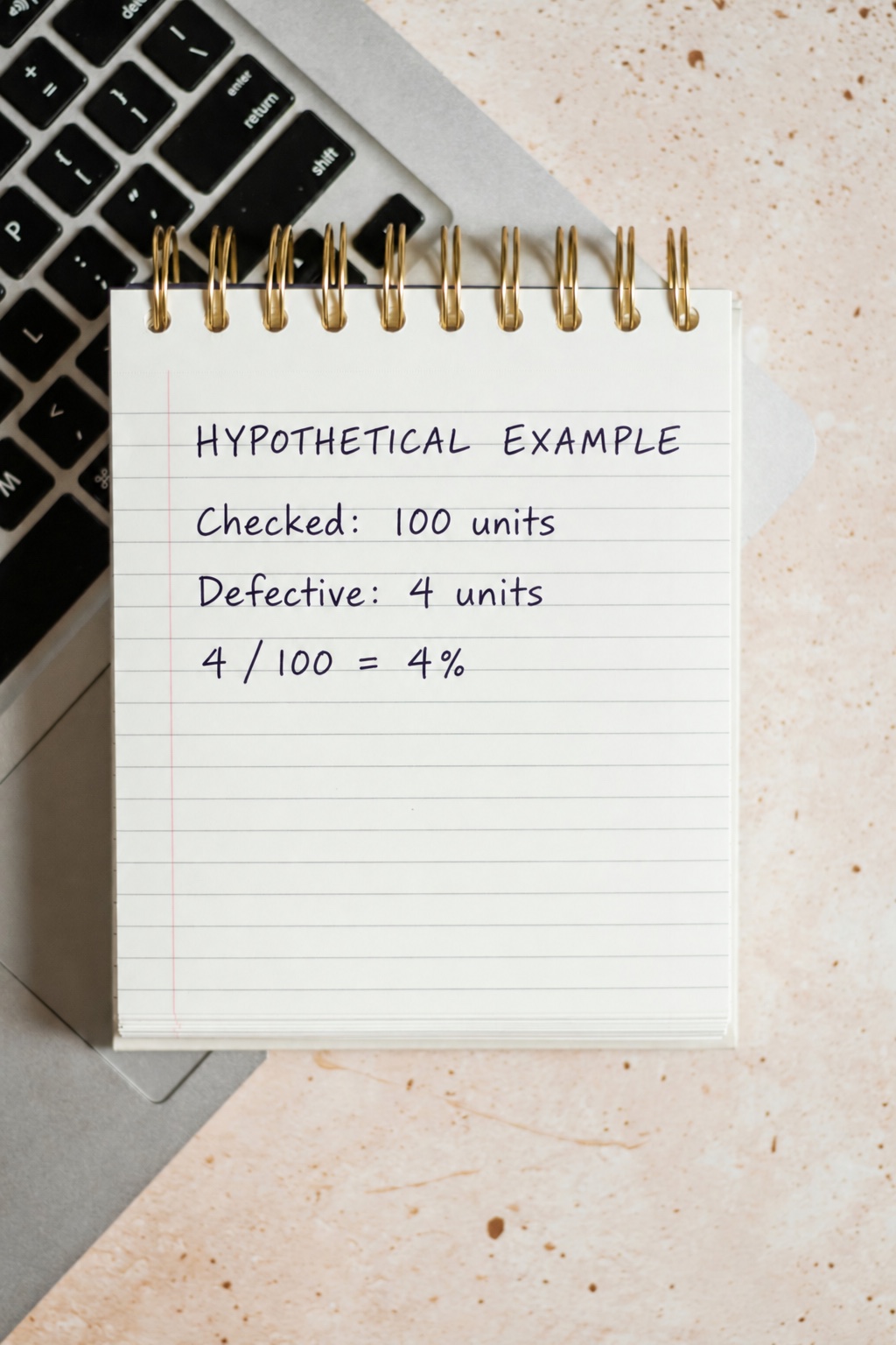 Notebook example showing four defective units divided by one hundred checked units equals four percent