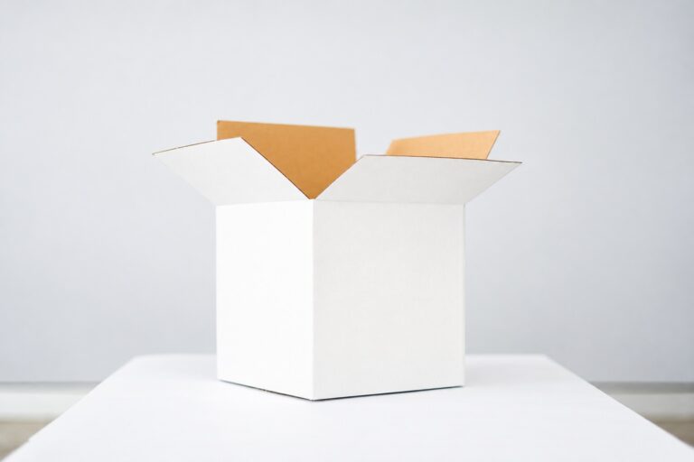 Open unprinted white box retained for a packaging update