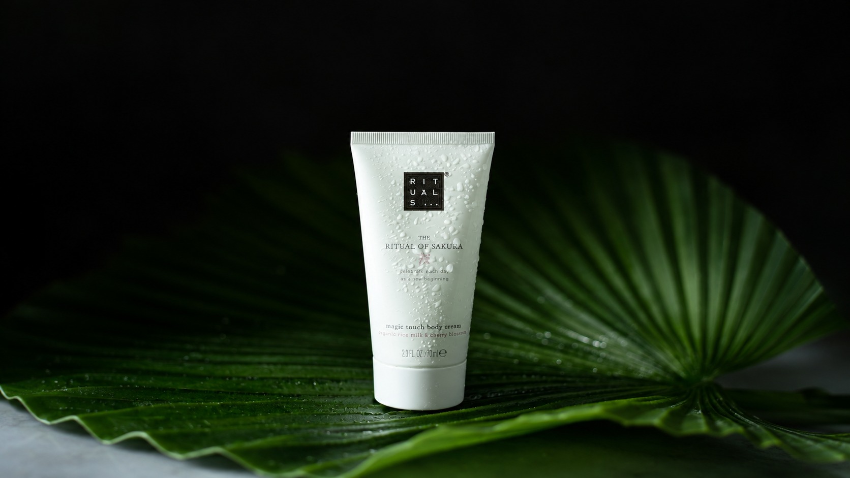 White cosmetic tube photographed in a dark green leaf scene