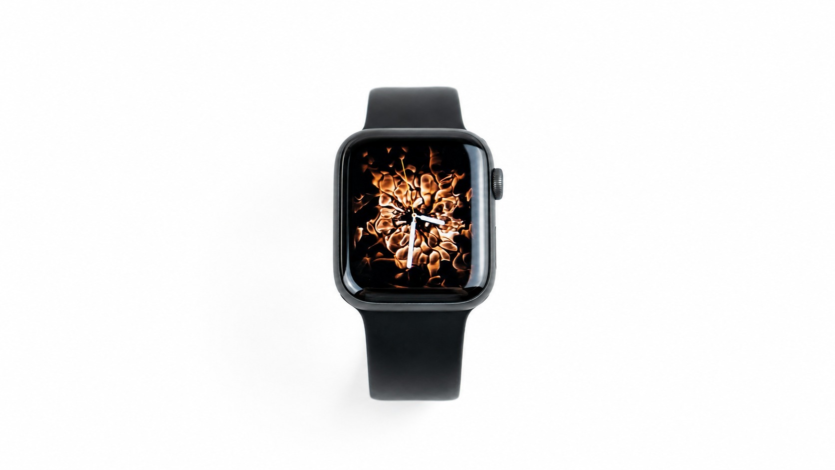 Front view of a black smartwatch on an opaque white background with a soft shadow