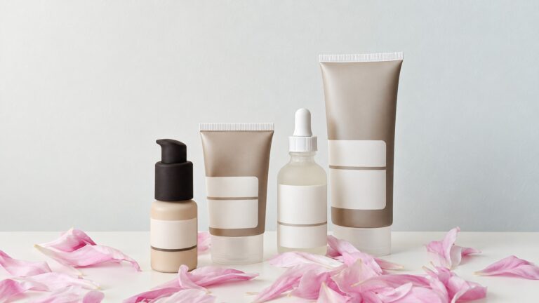 Product sample illustration showing four distinct cosmetic containers in a collection