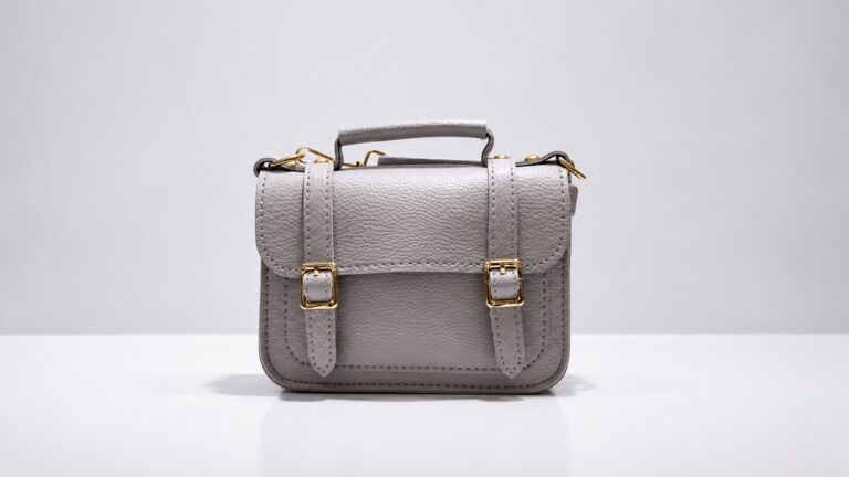 Front view of a gray bag with a top handle, showing why bag strap length cannot be judged from this view