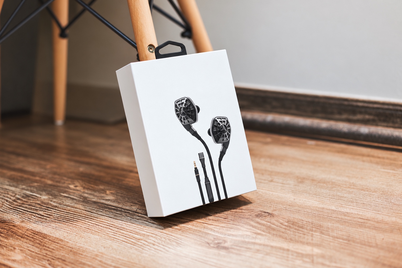 Closed retail headphone box illustrating the outer presentation of a packaging sample