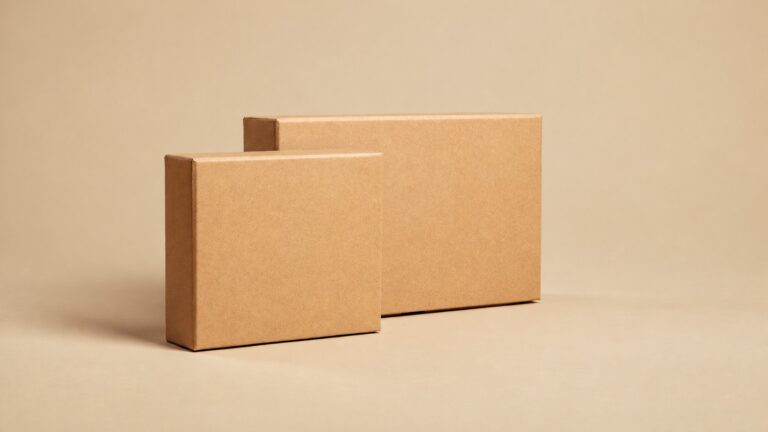 Two tan presentation boxes of different sizes illustrating a shared design concept for branded shipping boxes