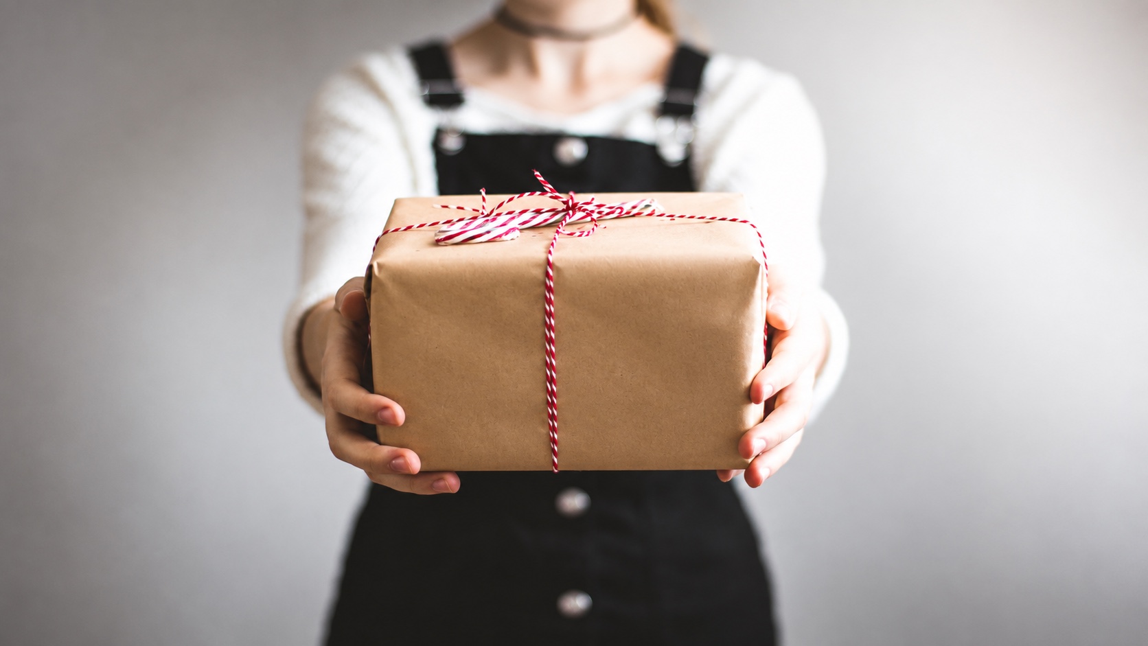 A plain kraft-wrapped gift held in both hands, without an exterior message