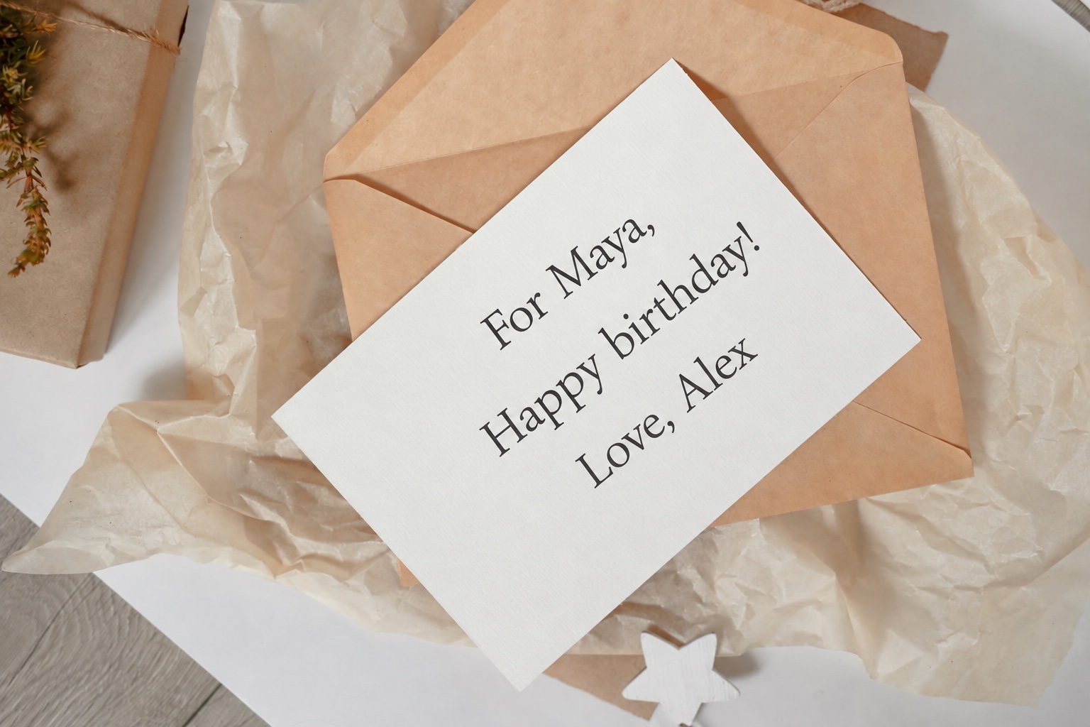 Example gift messages layout with recipient Maya, birthday greeting and sender Alex on a paper card