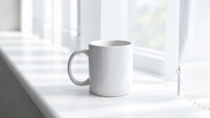 White ceramic mug with a projecting handle and visible rim, illustrating ceramic mug packaging considerations