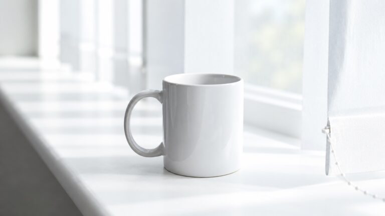 White ceramic mug with a projecting handle and visible rim, illustrating ceramic mug packaging considerations
