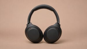 Black headphones against a neutral backdrop illustrating how AI product images can show an item without suggesting wet use