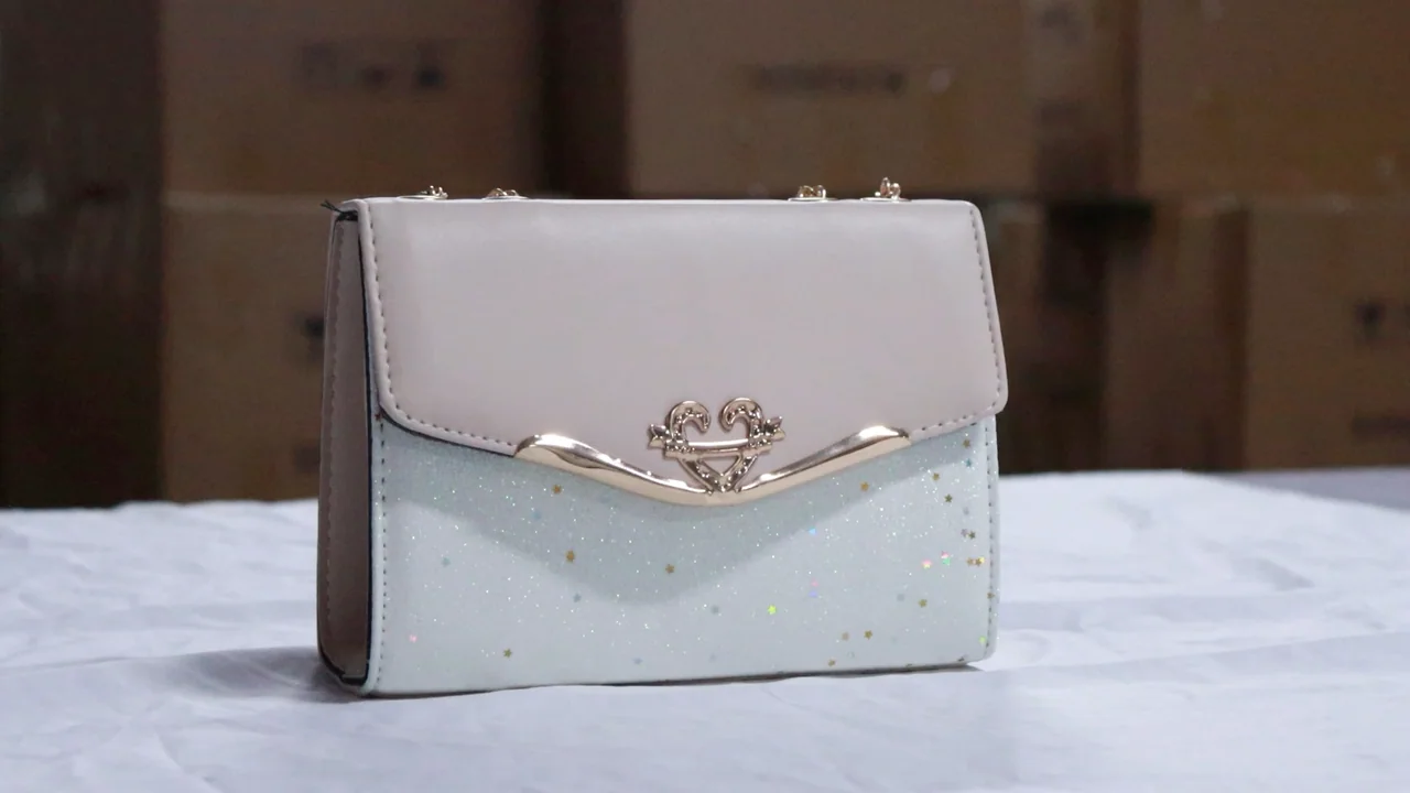 White handbag displayed on a fabric backdrop in a product-detail video